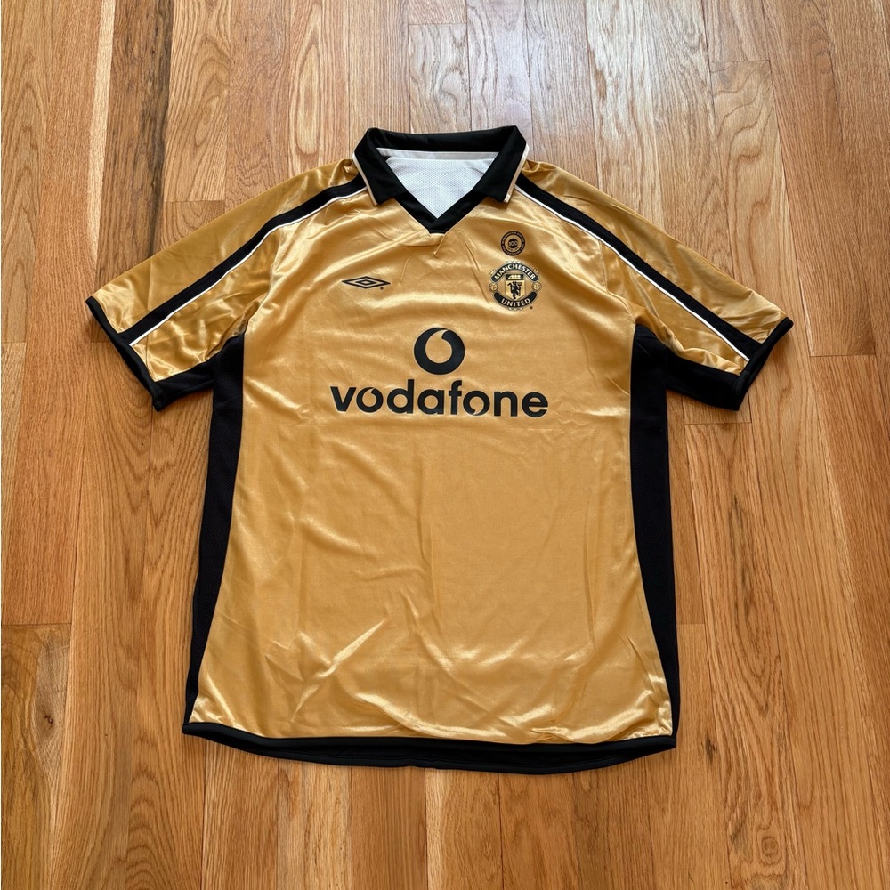 Manchester United Umbro 2001-02 Vintage Y2K Reversible Gold Jersey Kit Top XXL